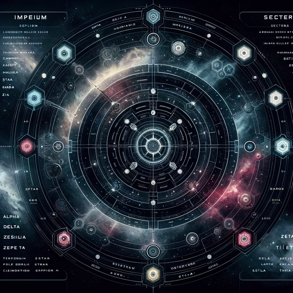 File:DALL·E 2024-03-10 10.18.08 - A futuristic, detailed star map depicting the layout of a fictional space empire called the Imperium, consisting of nine sectors. At the center is 'Th.webp